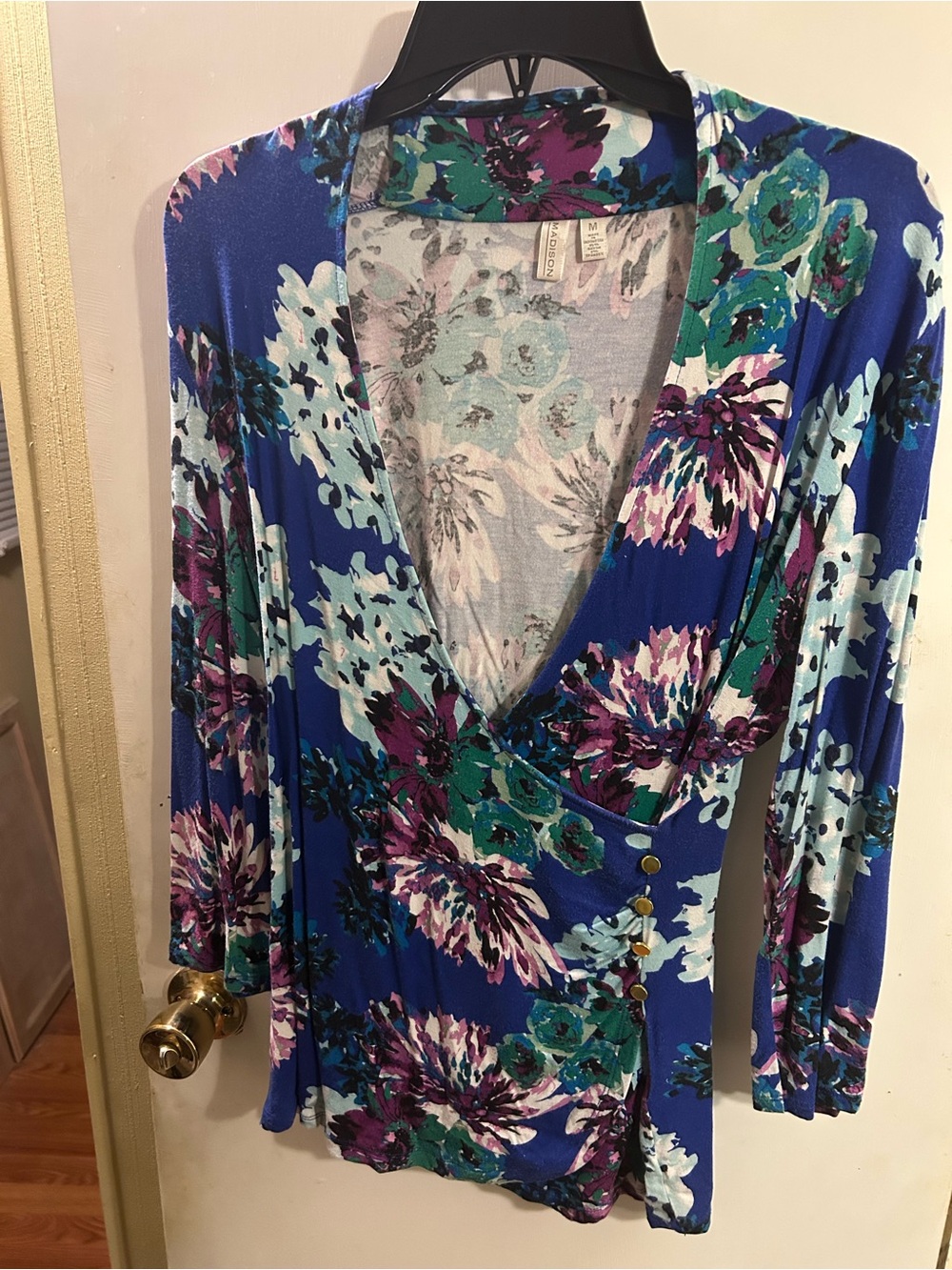 Madison Blue Floral Wrap-Style Long Sleeve Top